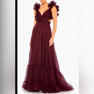 GORGEOUS Mac Duggal Rosette Chiffon Cutout Empire Waist Gown Size 6 BORDEAUX